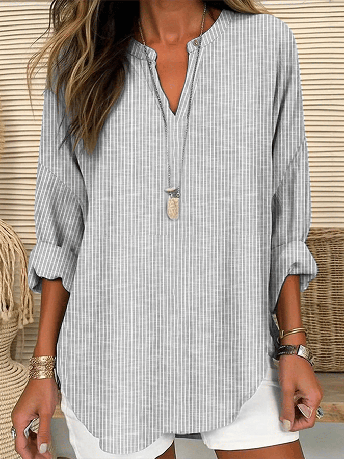 Women's Long Sleeve v-Neck Solid Color Loose Striped Shirt