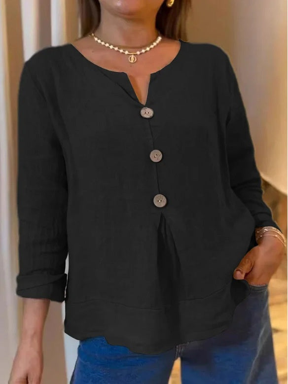 Women's Long Sleeve V-Neck Solid Color Notch Collar Shirt Casual Button-Down Shirt Top