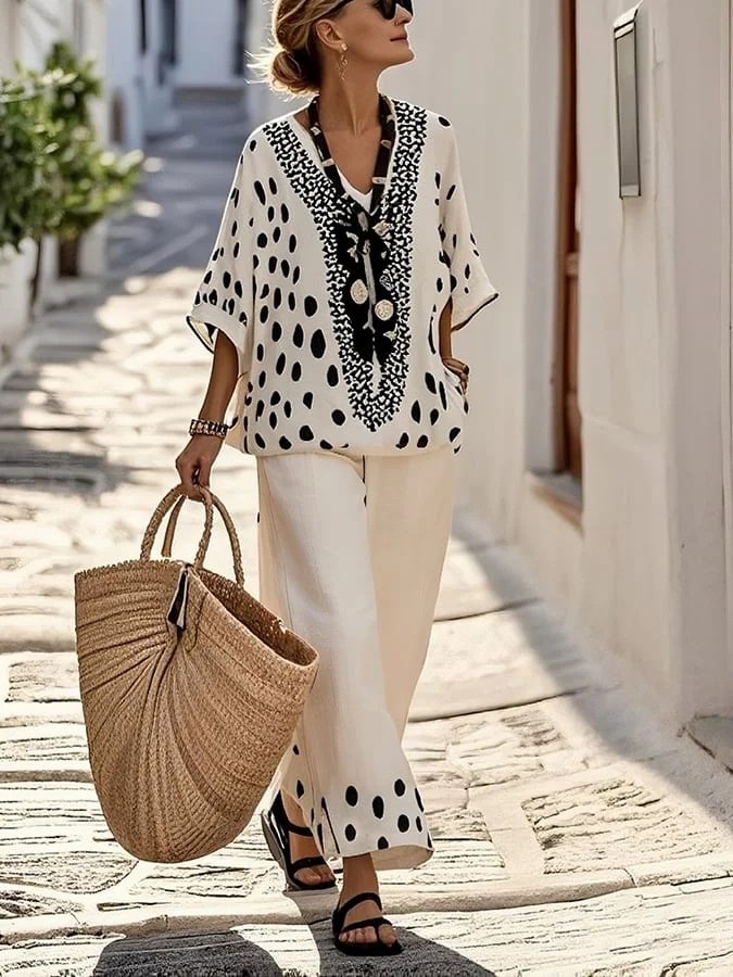 Ladies' V-neck Polka Dot Print Loose Casual Suit