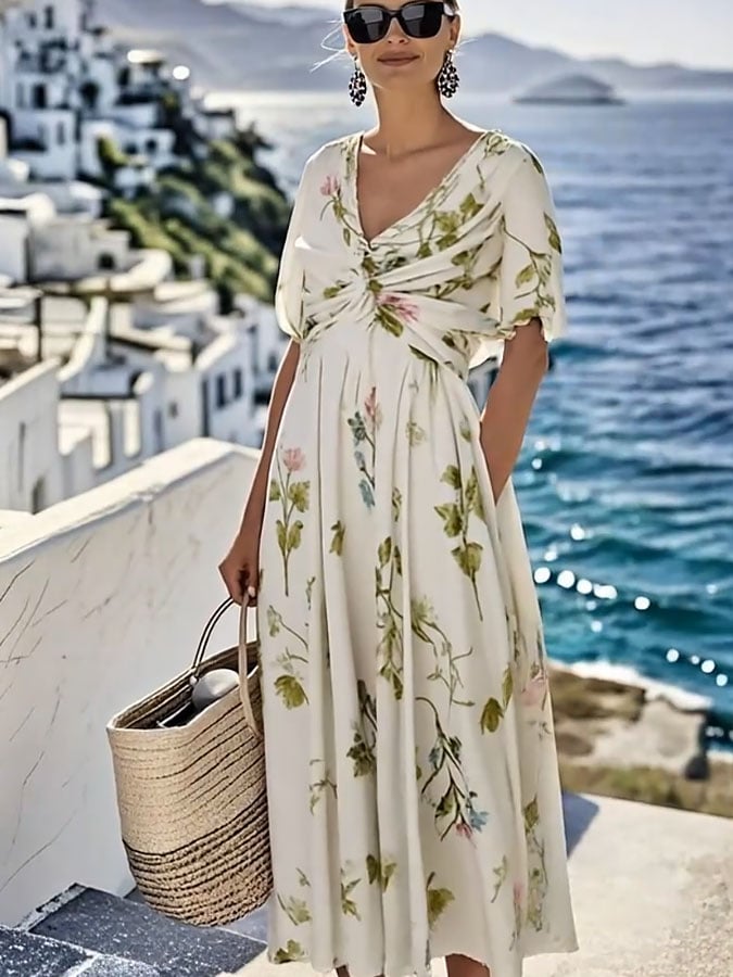 Women's Loose V-Neck Short Sleeve Floral Print Dress