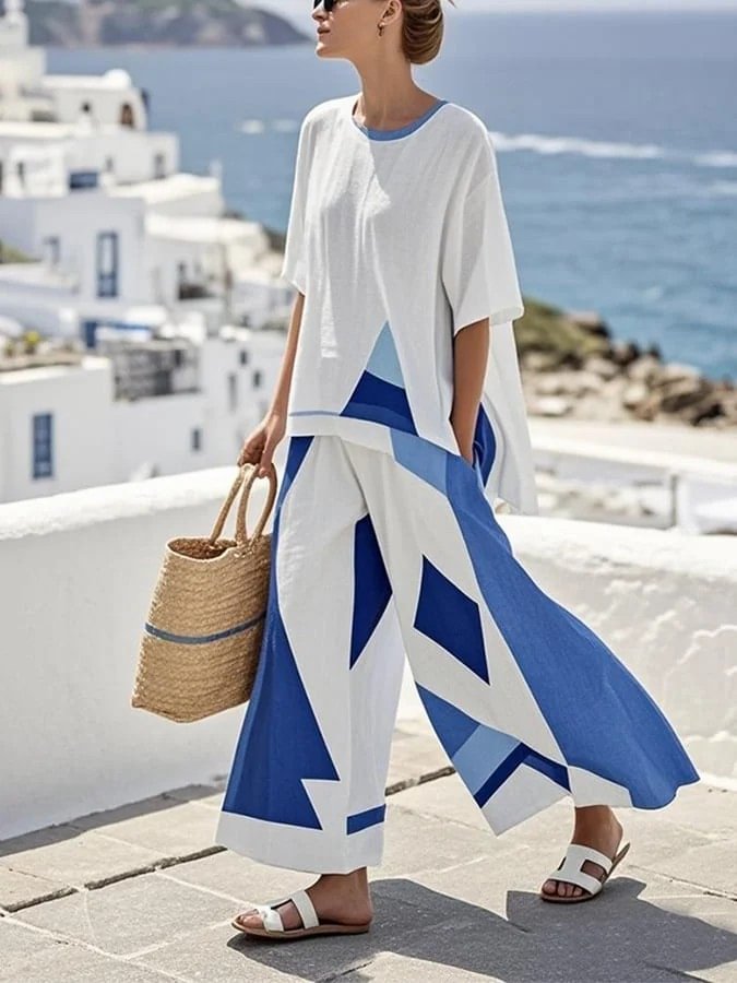 Ladies' Round Neck Geometric Print Casual Set