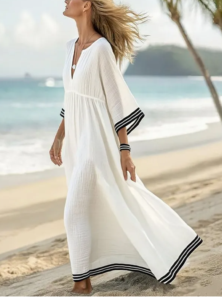 Women's Holiday Stripe Print V-Neck Cotton and Linen Dress