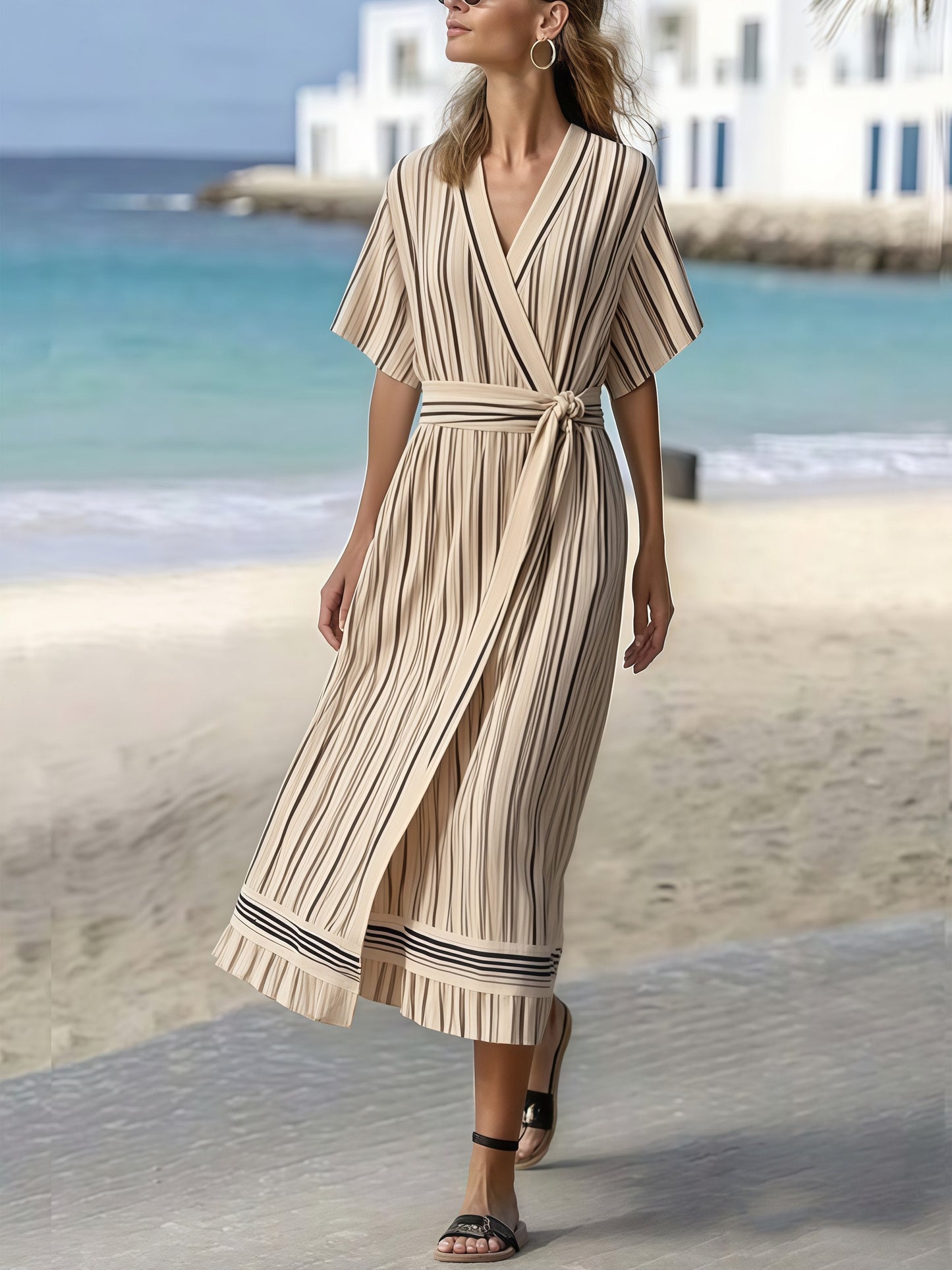 Women's Summer Cotton&Linen Striped Cross Collar Dress