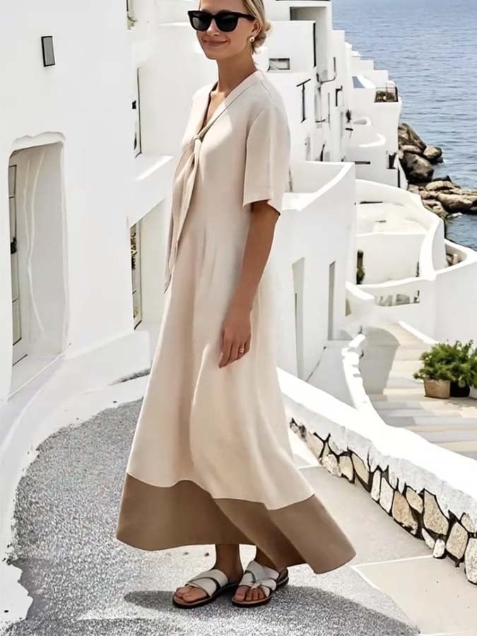 Women'S Loose Knot Neck Stitching Contrast Color Dress