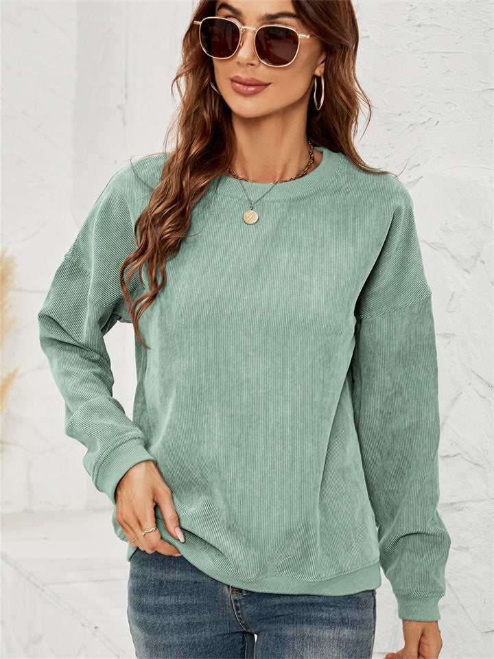 Women's Corduroy Sweater Round Neck Long-sleeved Tops Fall and Winter