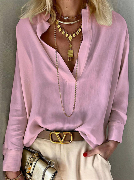 Women's Spring and Fall New Temperament and Elegant Solid Color Stand-up Collar Long-sleeved Bohemian Cotton Loose Type Shirt