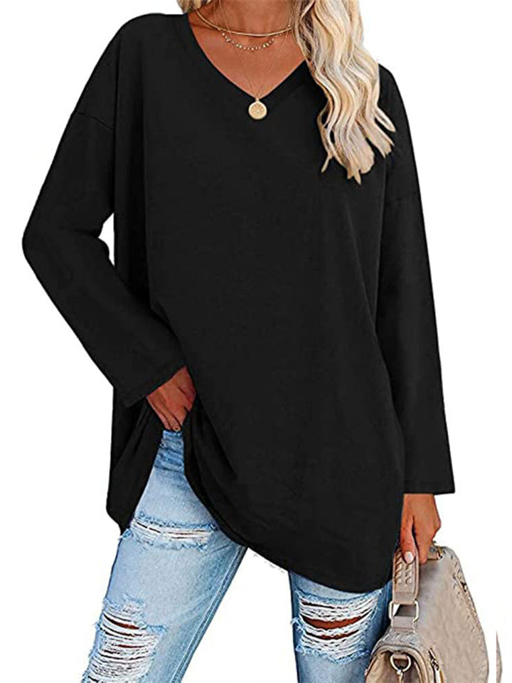 Ladies T-shirt New Multi-color Loose Drop Shoulder Sleeve V-neck Solid Color Women's Tops