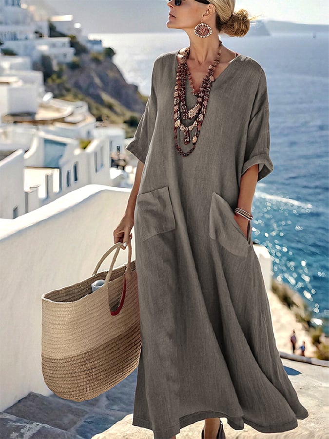 Ladies Loose Solid Pocket Dress