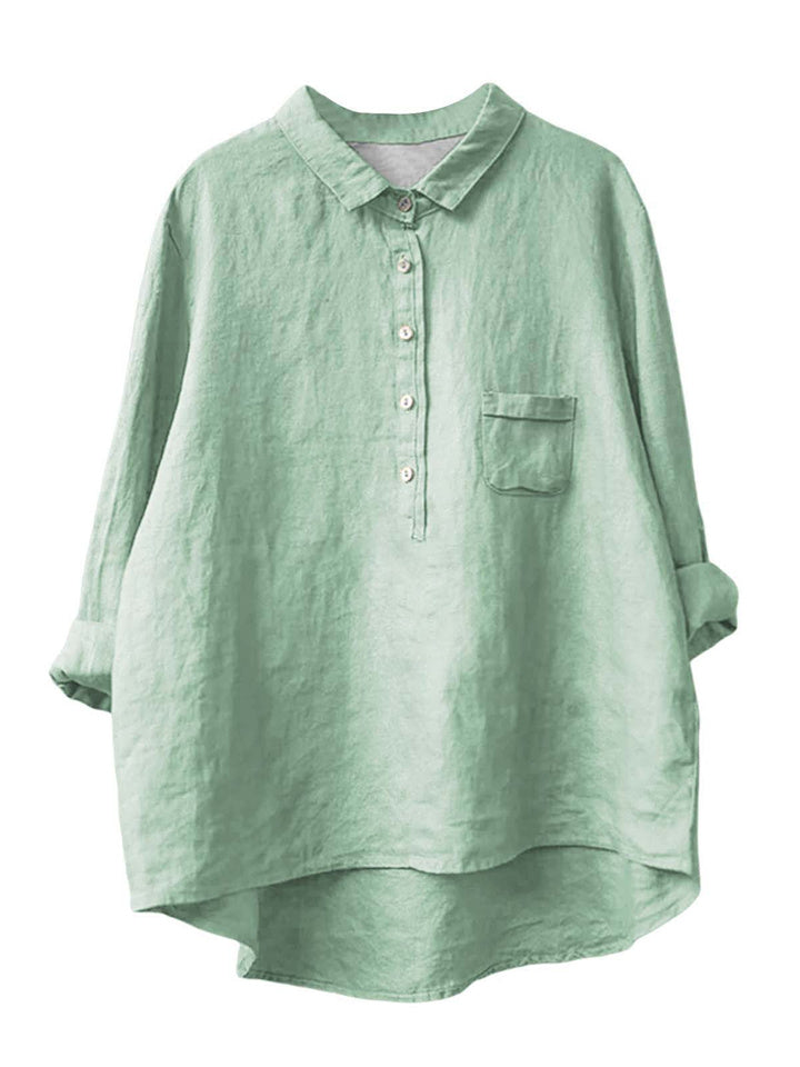 Women's New Long-sleeved Chinese Style Bamboo Hemp Printing Fashionable Versatile Lapel Solid Color Shirt