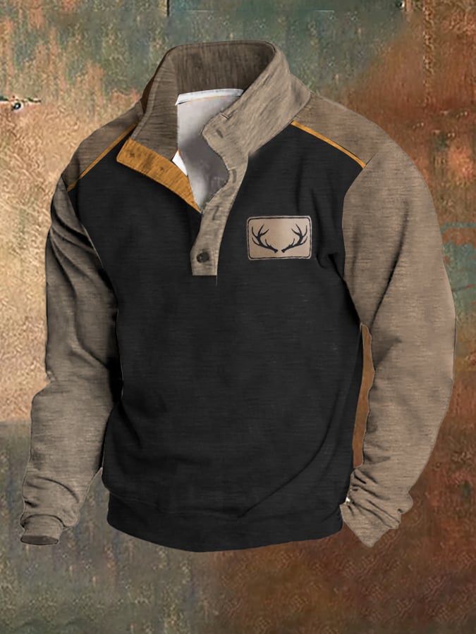 Men's Fleece Vintage Western Antler Hunting Enthusiast Stand Collar Sweatshirt