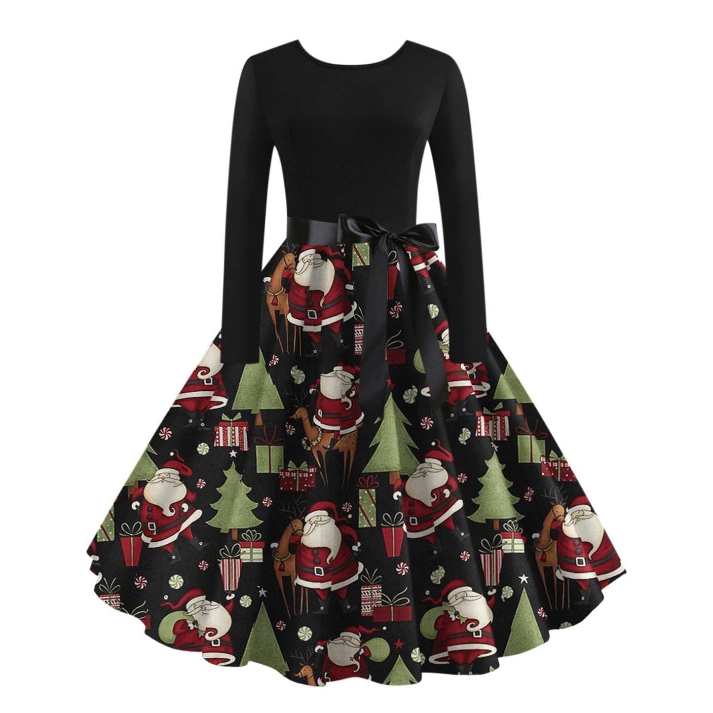 JO | digital print fall retro christmas festival printed round neck long sleeve big hem dress