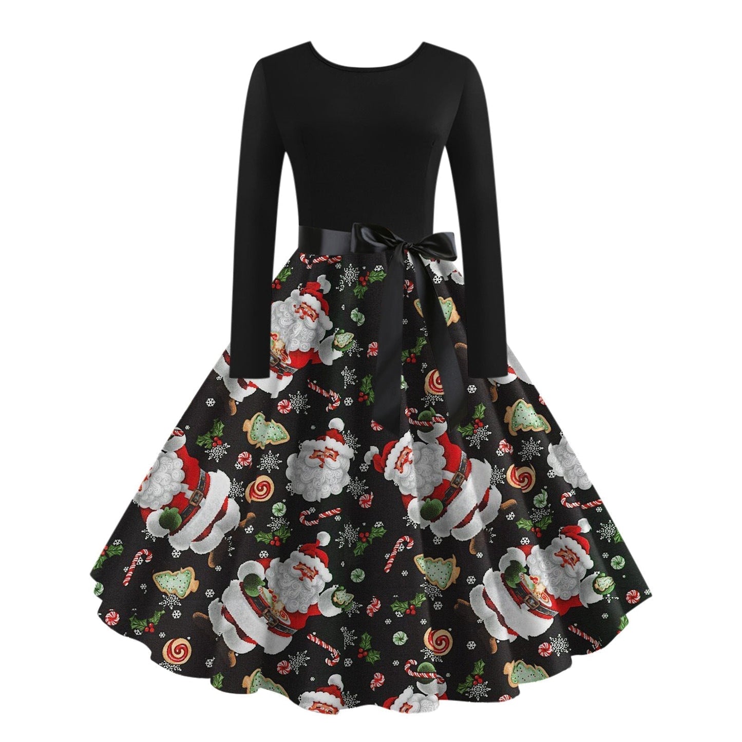 JO | digital print fall retro christmas festival printed round neck long sleeve big hem dress