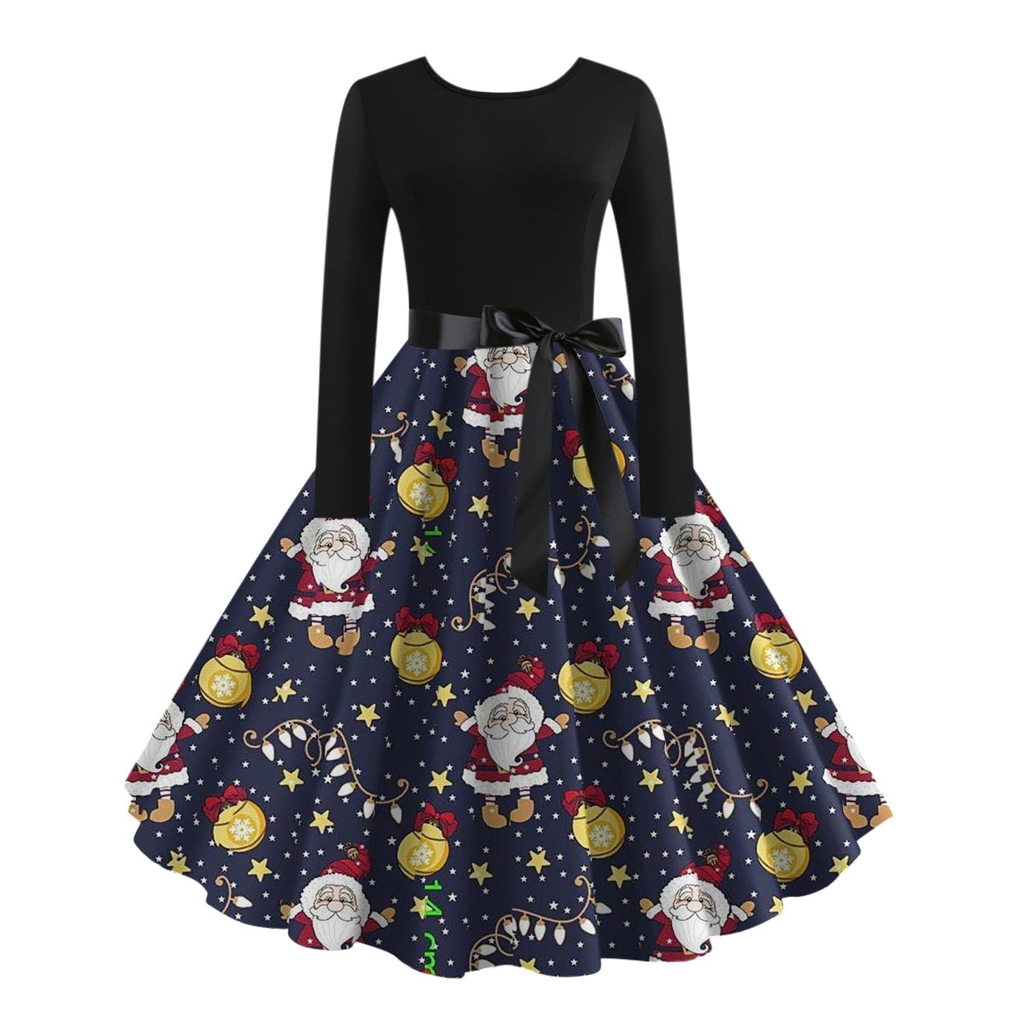 JO | digital print fall retro christmas festival printed round neck long sleeve big hem dress