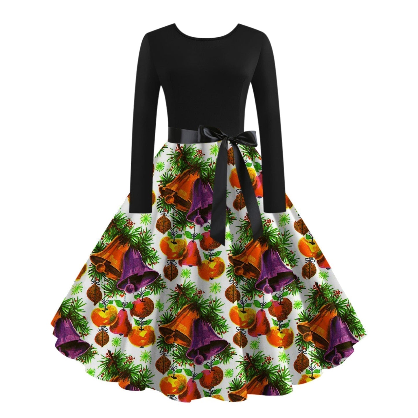 JO | digital print fall retro christmas festival printed round neck long sleeve big hem dress