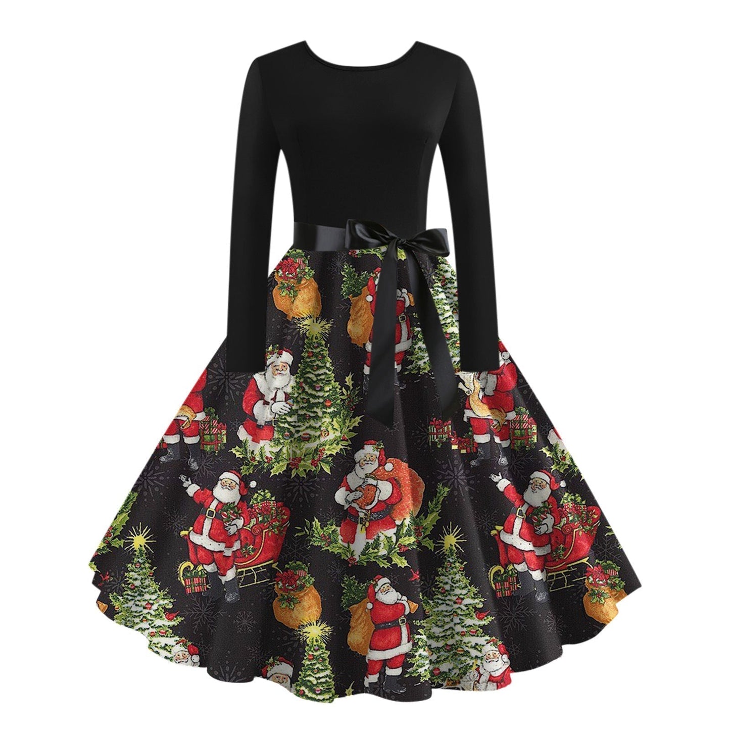 JO | digital print fall retro christmas festival printed round neck long sleeve big hem dress