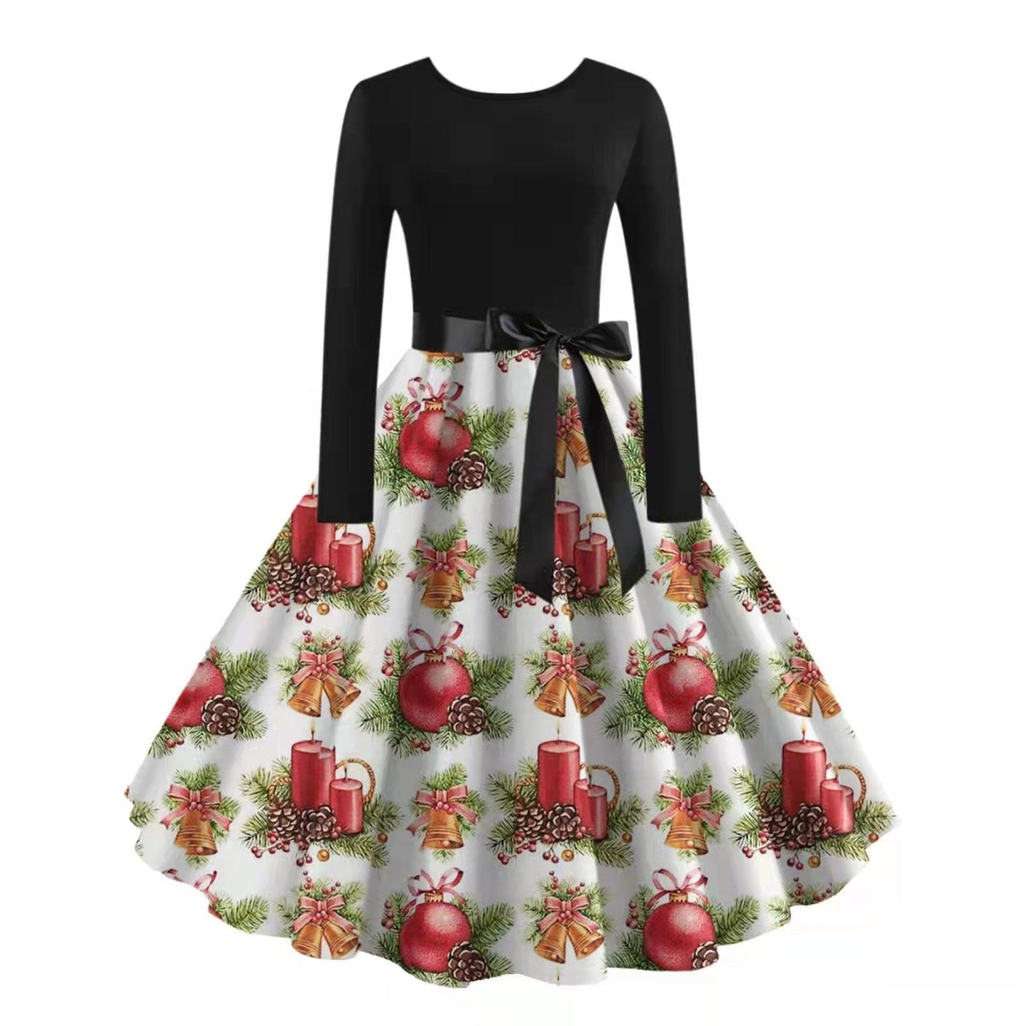 JO | digital print fall retro christmas festival printed round neck long sleeve big hem dress