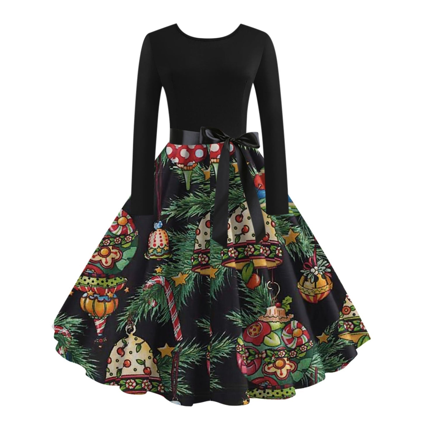 JO | digital print fall retro christmas festival printed round neck long sleeve big hem dress