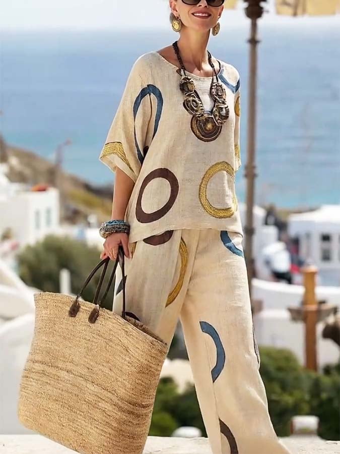 Women'S Loose Printed Wide Leg Pants Set