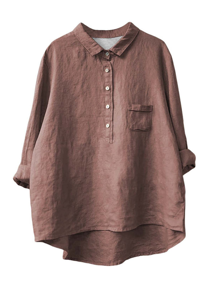 Women's New Long-sleeved Chinese Style Bamboo Hemp Printing Fashionable Versatile Lapel Solid Color Shirt