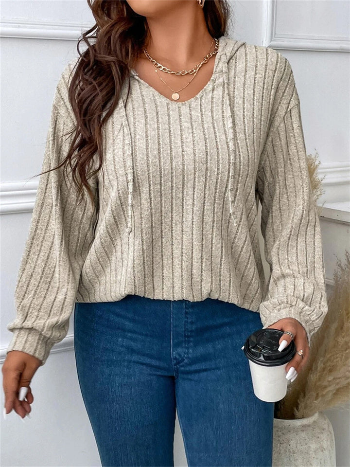 Autumn and Winter New Solid Color Women's Tops V-neck Hooded Long-sleeved T-shirt