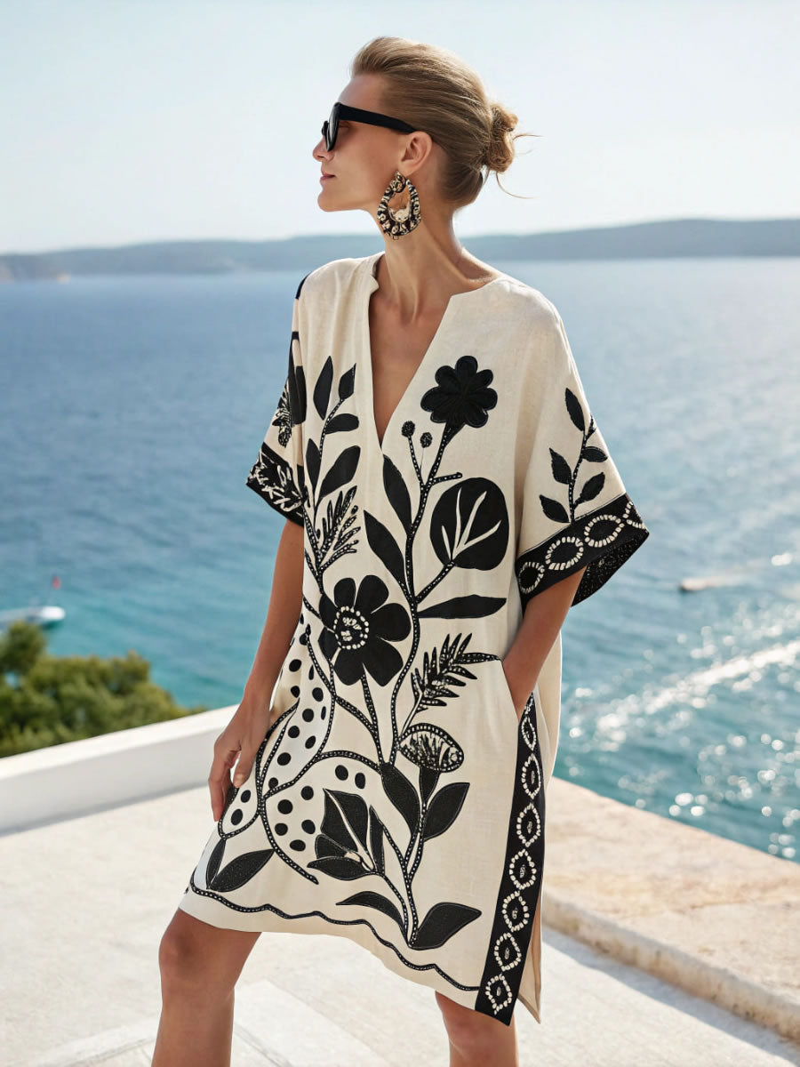 Ladies' V-neck Printed Casual Loose Fit Dress