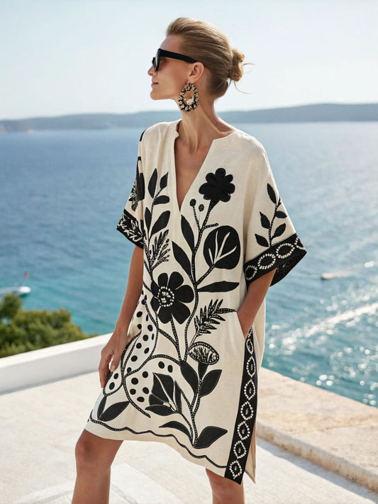 Ladies' V-neck Printed Casual Loose Fit Dress