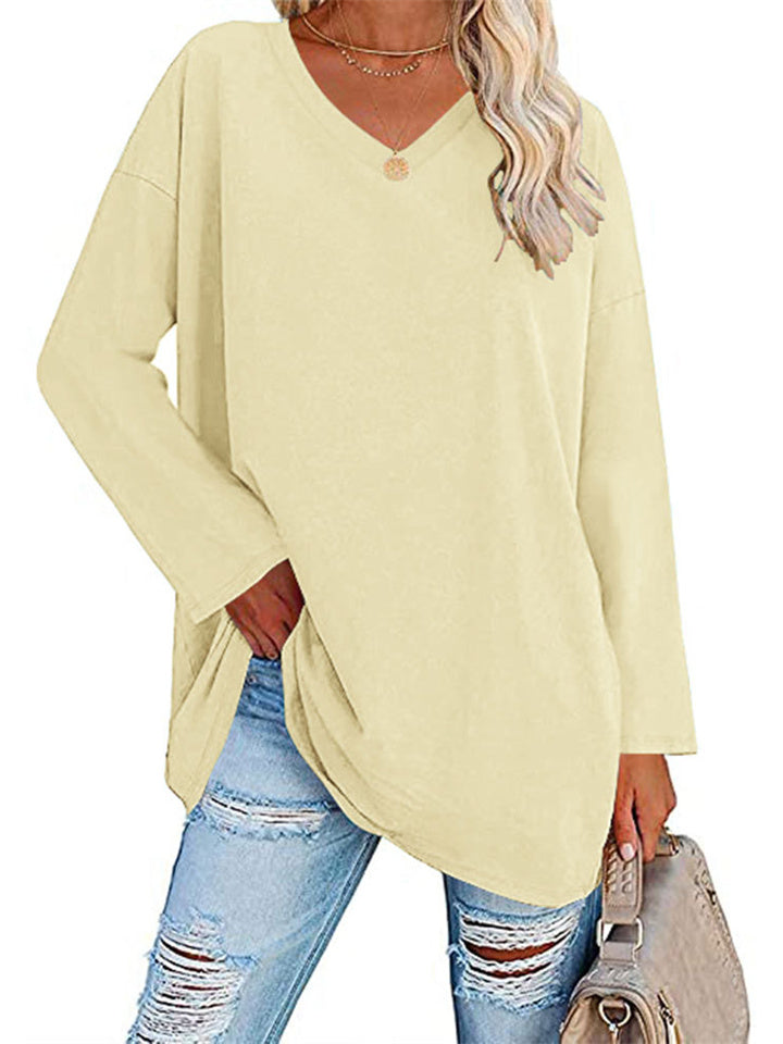 Ladies T-shirt New Multi-color Loose Drop Shoulder Sleeve V-neck Solid Color Women's Tops