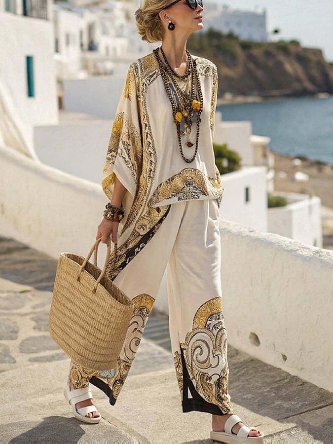 Women'S Loose Printed Wide Leg Pants Set