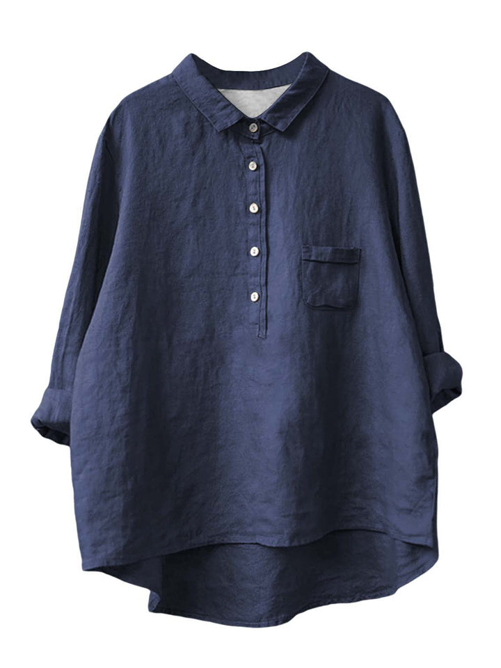 Women's New Long-sleeved Chinese Style Bamboo Hemp Printing Fashionable Versatile Lapel Solid Color Shirt