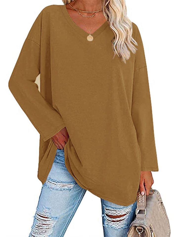 Ladies T-shirt New Multi-color Loose Drop Shoulder Sleeve V-neck Solid Color Women's Tops