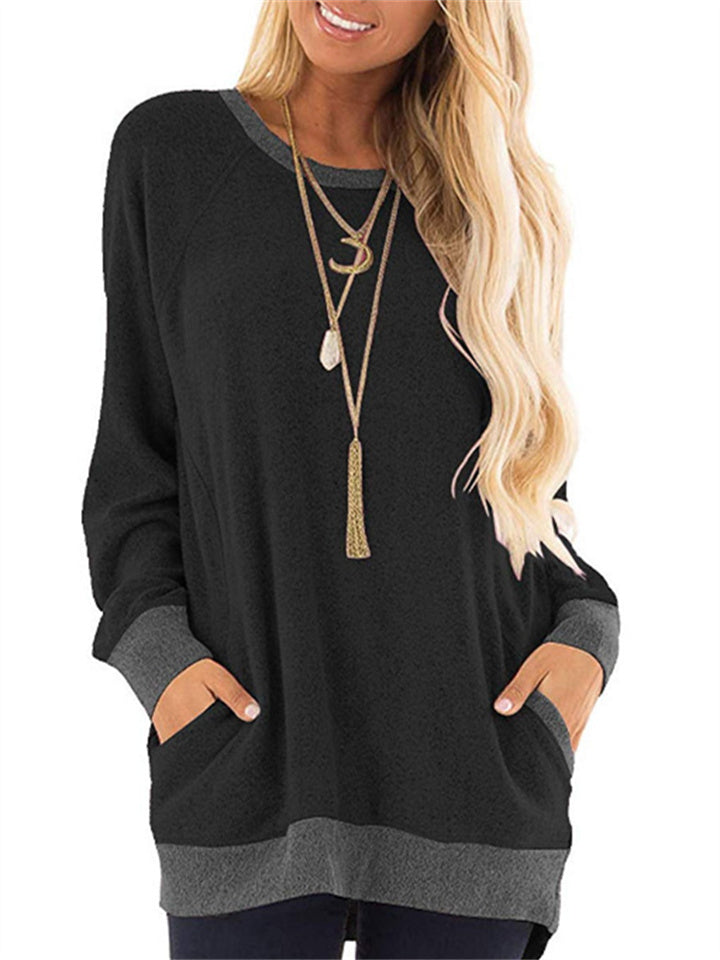 Autumn and Winter Women's Round Neck Color Collision Pocket Sweater Long-sleeved Sweatshirt Casual T-shirt