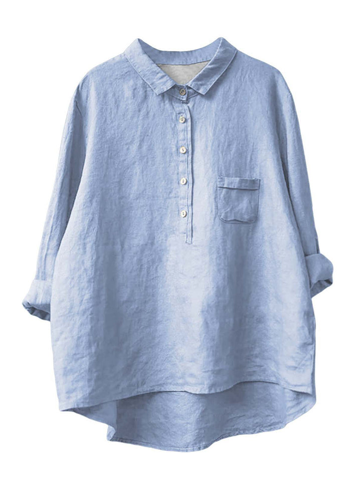 Women's New Long-sleeved Chinese Style Bamboo Hemp Printing Fashionable Versatile Lapel Solid Color Shirt