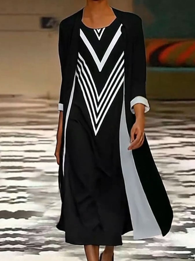 Women's Casual Round Neck Vest Contrast Color Printed Dress and Cardigan Set