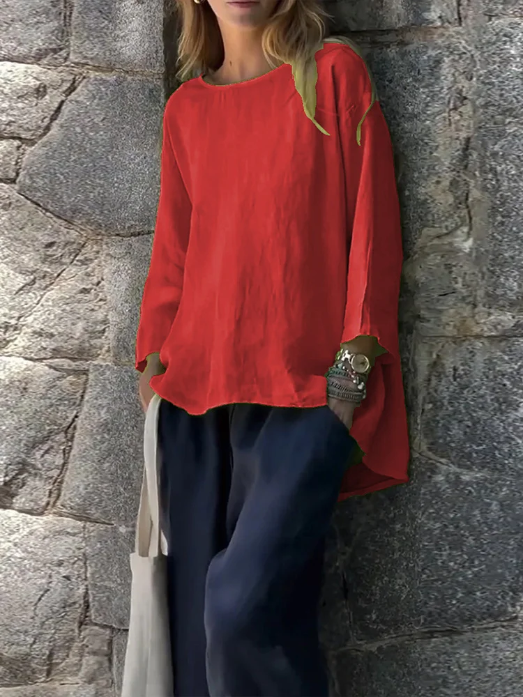 Usphonecards - Women Solid Color Cotton And Linen Long Sleeve Shirt