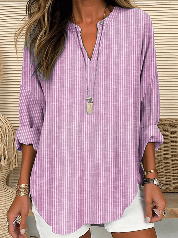 Women's Long Sleeve v-Neck Solid Color Loose Striped Shirt