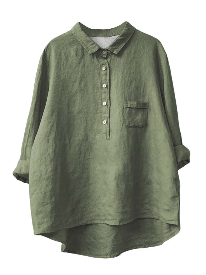 Women's New Long-sleeved Chinese Style Bamboo Hemp Printing Fashionable Versatile Lapel Solid Color Shirt