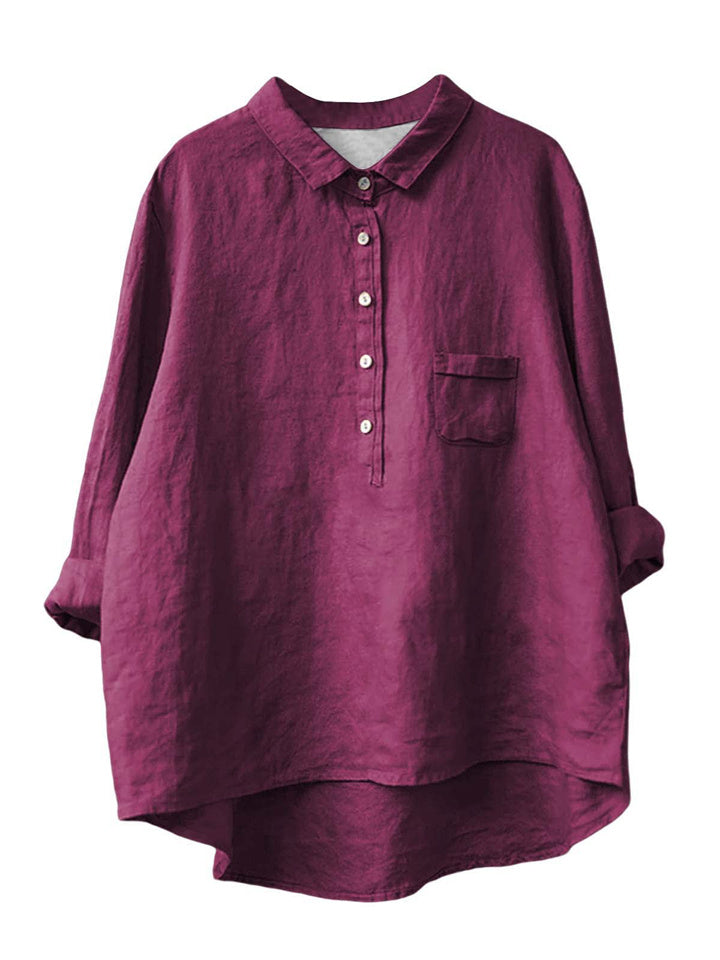 Women's New Long-sleeved Chinese Style Bamboo Hemp Printing Fashionable Versatile Lapel Solid Color Shirt