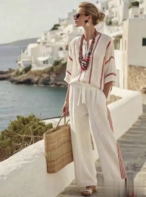 Women'S Loose Striped Printed Wide Leg Pants Set