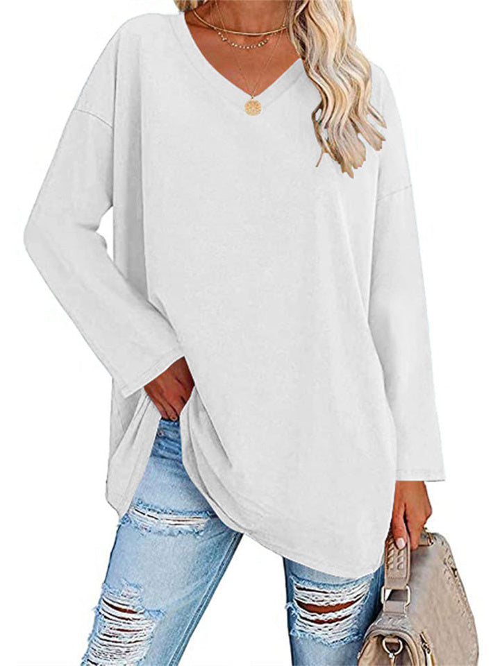 Ladies T-shirt New Multi-color Loose Drop Shoulder Sleeve V-neck Solid Color Women's Tops
