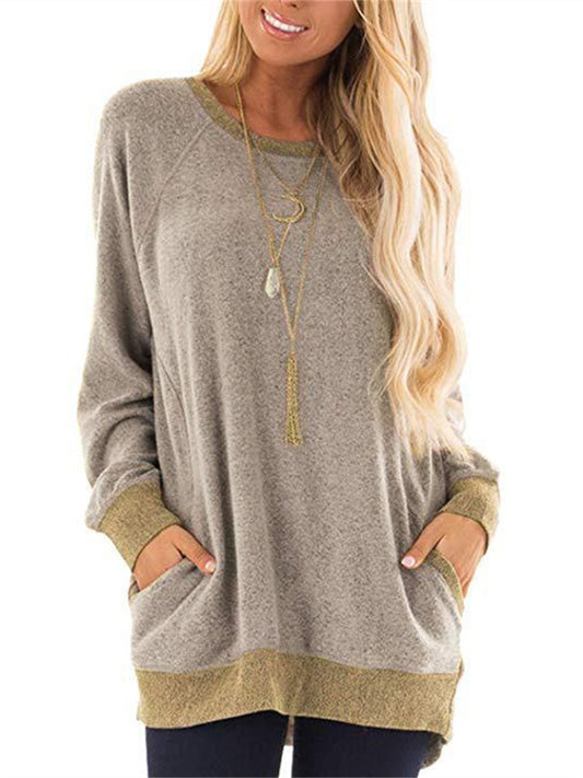 Autumn and Winter Women's Round Neck Color Collision Pocket Sweater Long-sleeved Sweatshirt Casual T-shirt
