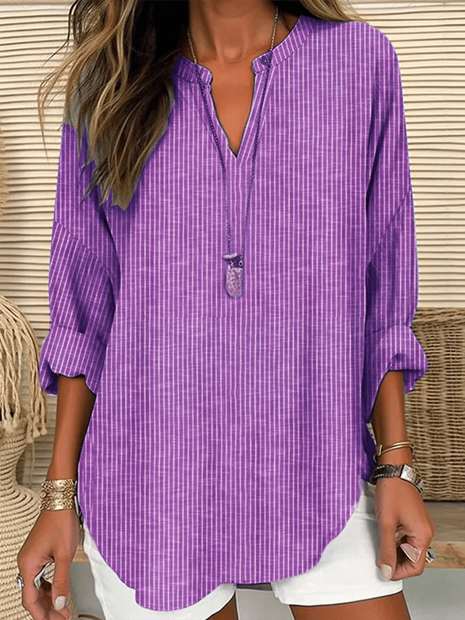 Women's Long Sleeve v-Neck Solid Color Loose Striped Shirt