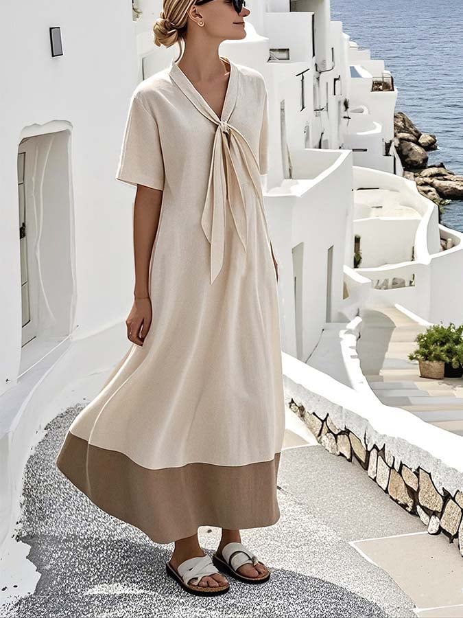 Women'S Loose Knot Neck Stitching Contrast Color Dress