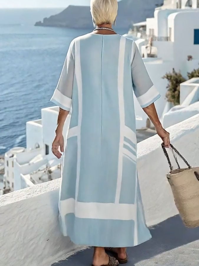 Women'S V-Neck Half Sleeve Striped Printed Cotton And Linen Dress