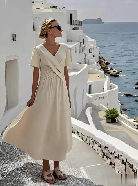 Ladies Loose Solid Color Elastic Waist Dress