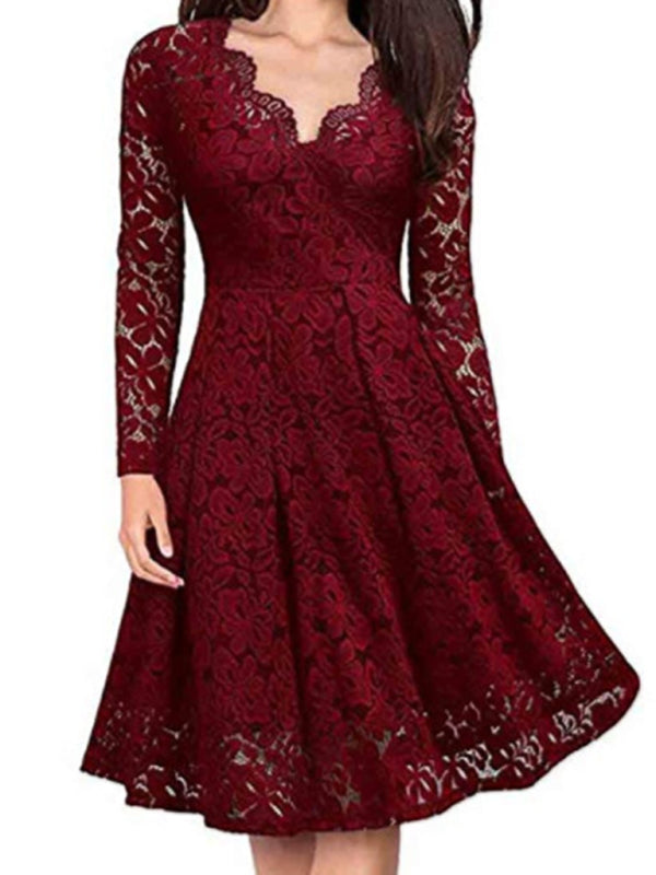 JO | Christmas women fall and winter skirt lace long sleeve temperament dress